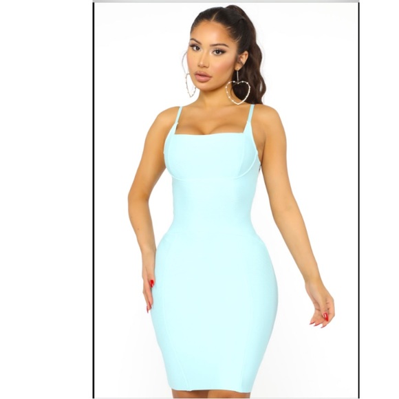 !Sold!❌New Fashion Nova Lux Aqua Colored Bandage Dress - Picture 3 of 5